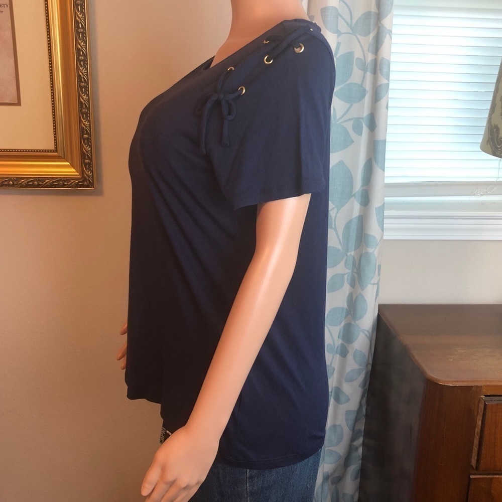 MICHAEL Michael Kors Navy Blue Lace-Up Shoulder Top with Gold Grommets - Picture 8 of 10
